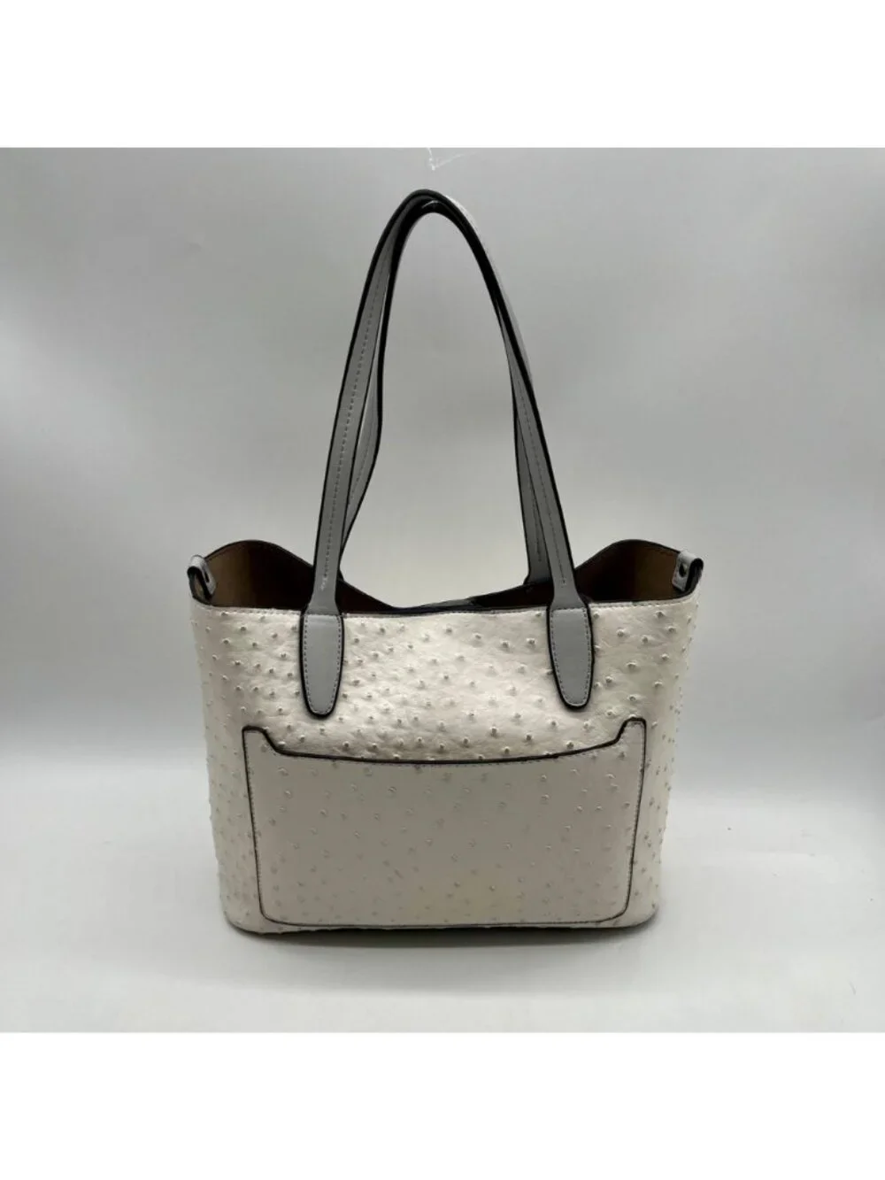 Beige Ostrich-Embossed Faux Leather Tote Bag